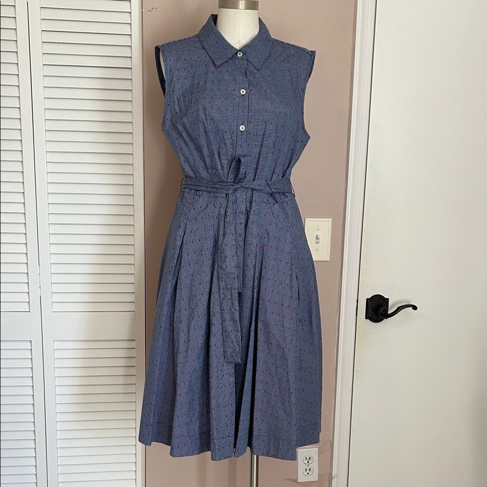 Tommy Hilfiger Blue Sleeveless Shirt Dress with Red Dot Print